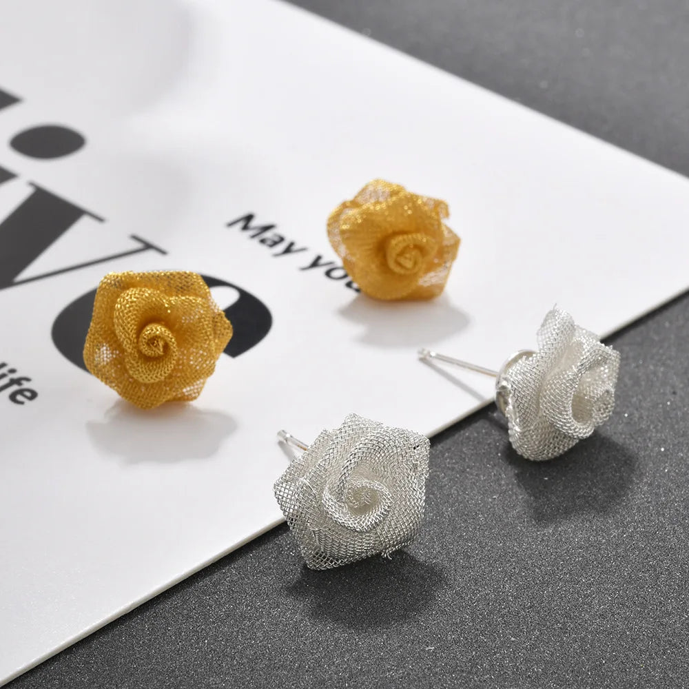 Women's Exquisite Flower Earrings Compact Metal Mesh Woven Rose Stud Earrings Elegant Personalized Casual Fashionable Earrings