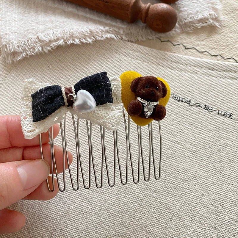 Cute Sweet Hair Clips Little Bear Knitted Bowknot Comb Hair Clips for Women Girls Ladies Fashion Hair Accessories Wholesale New