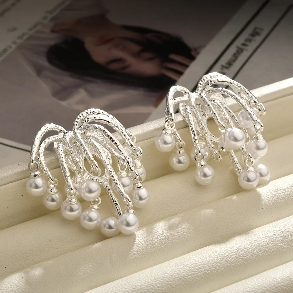 French Retro Brilliant Fireworks Pearl Tassels Stud Earrings Light Luxury Niche Design Fashion Ear Jewelry for Women Wholesale