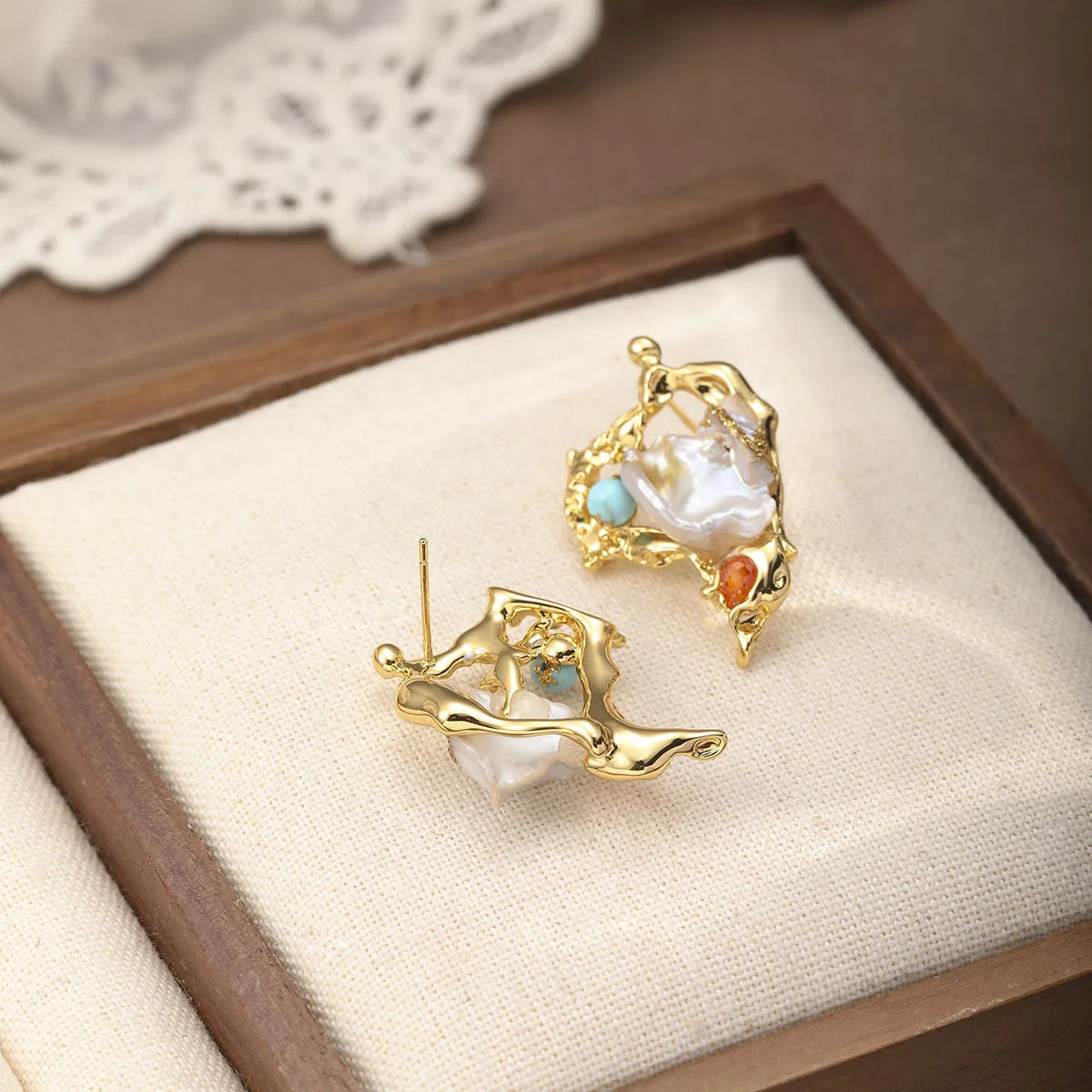 Women' Brown Zircon Blue Turquoise Baroque Pearl Stud Earring Elegant Fashion Trendy Low MOQ in Stock Jewelry for Female Causal