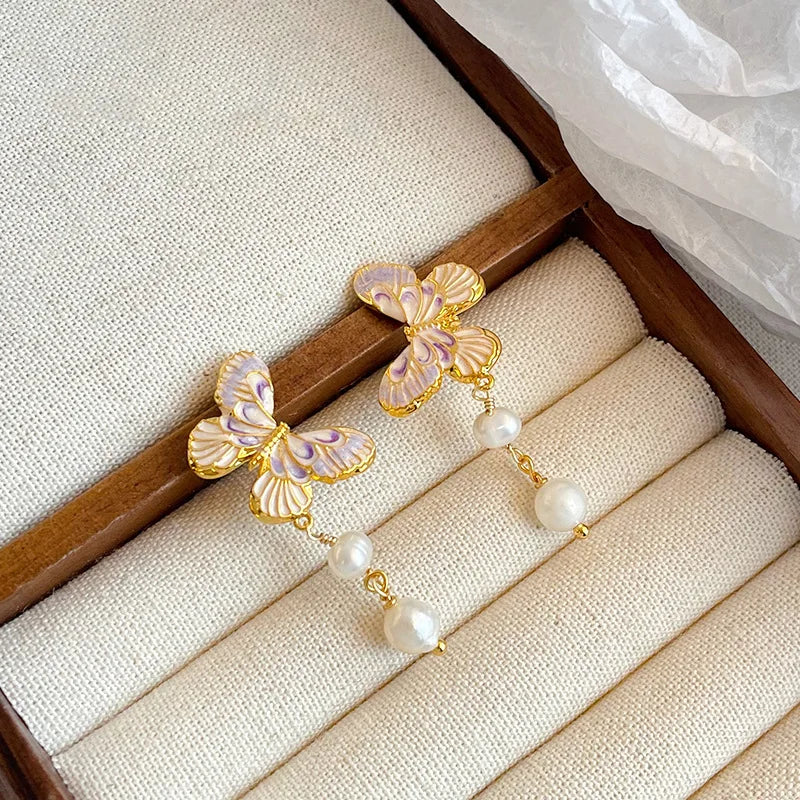 Fashion Butterfly Freshwater Pearl S925 Silver 18K Gold Plated Drop Earrings for Girls Trendy Sweet Jewelry for Women Ladies