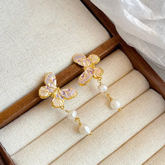 Fashion Butterfly Freshwater Pearl S925 Silver 18K Gold Plated Drop Earrings for Girls Trendy Sweet Jewelry for Women Ladies