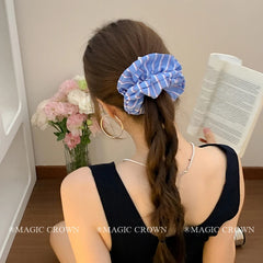 Blue Plaid Large Ponytail Holder Thick Thin Hair Scrunchies Elegant Fashion in Stock Hair Ties Accessories for Female Women Use