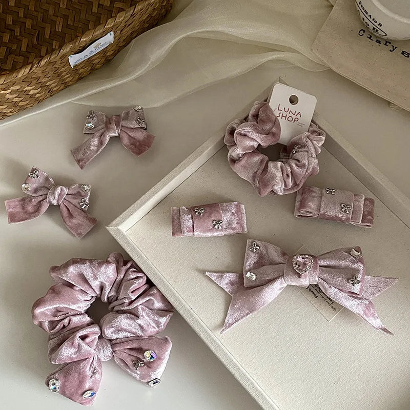 Simple Solid Color Glitter Bowknot Scrunchies for Baby Girls Elegant Velvet Luxurious Hair Ties for Kids Child Hair Accessories