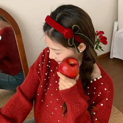 Fashion Flower Elegant Solid Color Red Head Band for Girls New Year Bowknot Chic Hair Band for Women Ladies Hair Accessories