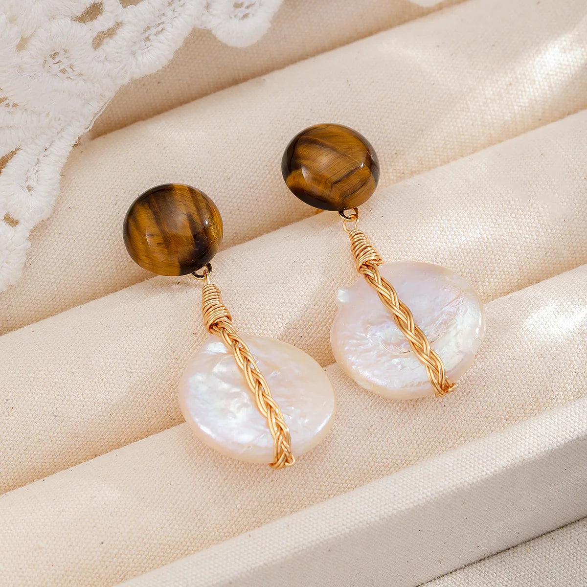 Female Brown Tiger Eye Stone Baroque Pearl S925 Silver Drop Earring Elegant Vintage Trendy Charms Low MOQ in Stock Jewelry