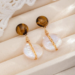 Female Brown Tiger Eye Stone Baroque Pearl S925 Silver Drop Earring Elegant Vintage Trendy Charms Low MOQ in Stock Jewelry