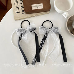 Girls Black White Ribbon Bowknot Small Scrunchies Ponytail Holder Elegant Fashion in Stock Hair Ties for Children Kids Daily Use