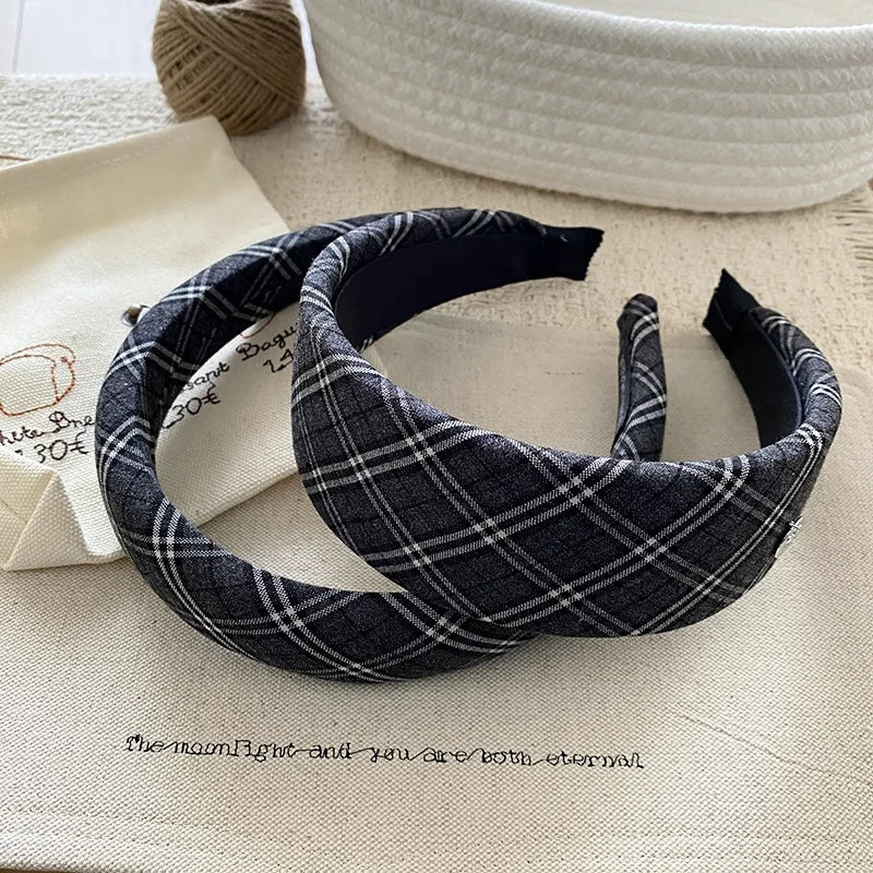 Women's Plaid Wide Headbands Navy Blue College Style Basic Model Hairband Elegant Retro Hair Accessories for Girls Wholesale