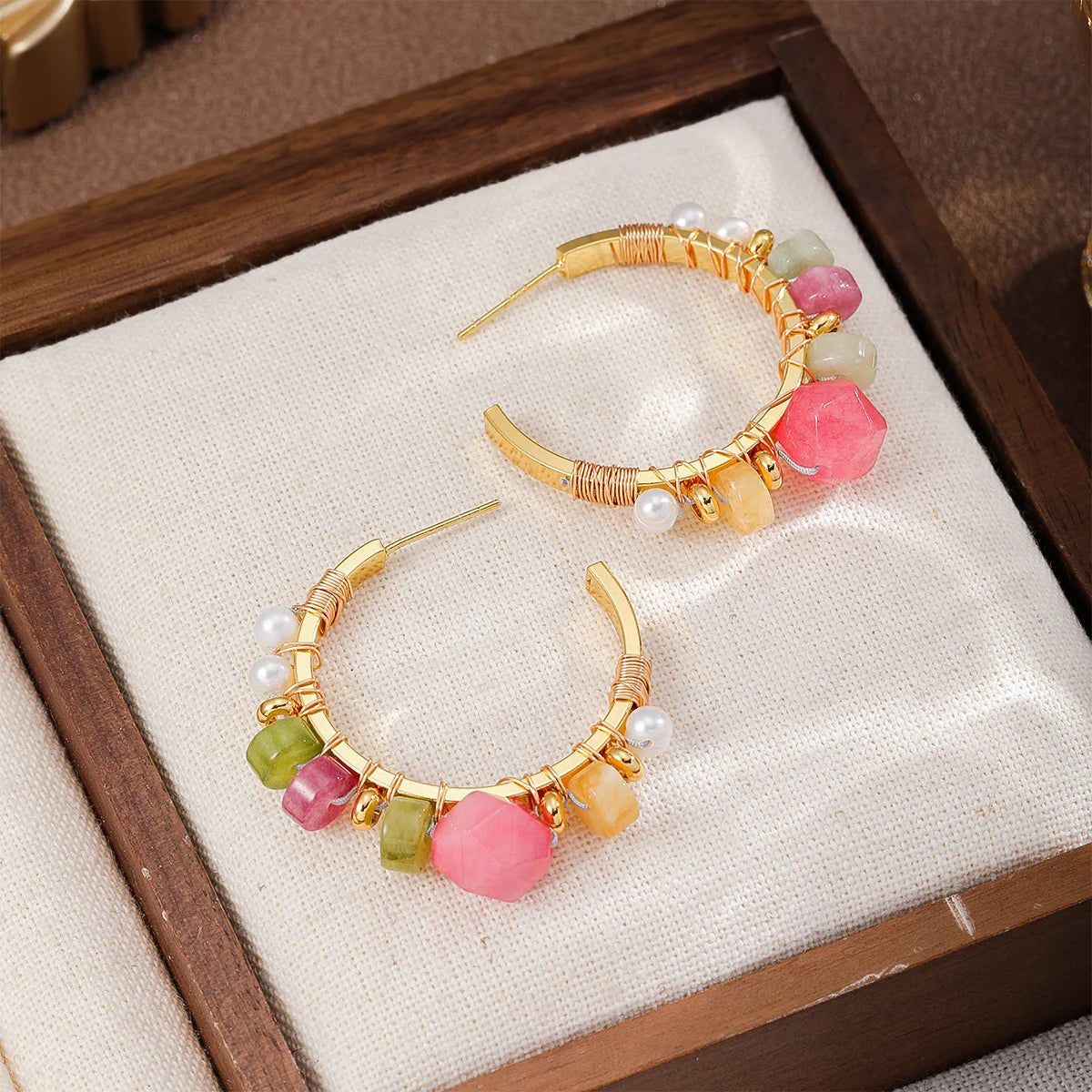 Fashion Copper Wire Pearl Natural Stone Crystal Turquoise Hoop Earrings for Girls Boho Trendy Jewelry for Women Ladies Wholesale