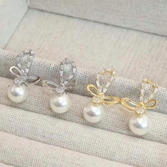 Sweet Bowknot Imitation Pearl Elegant Drop Earrings for Girls Simple Classic Luxury Jewelry for Women Ladies Accessories Chic