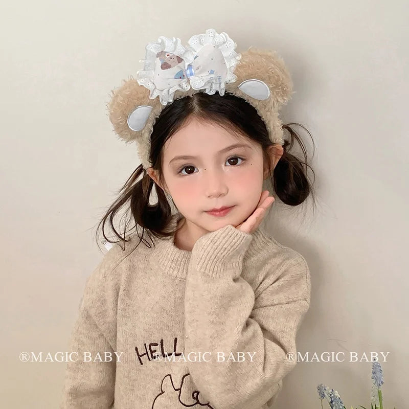 Cute Sweet Fashion Bear Ear Bowknot Fluffy Hair Band for Baby Girls Kawaii Animals Head Band for Kids Children Hair Accessories