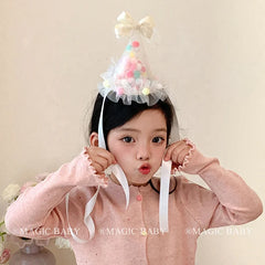Children's White Fabric Birthday Hat Bowknot Ball Alligator Clips Luminous Hairpins Fashionable Accessories for Kids' Prom Use