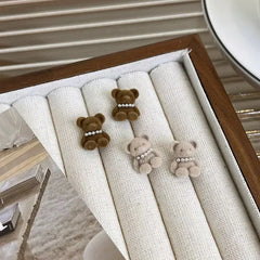 Fashion Sweet Fluffy Animals Bear Stud Earrings for Girls Trendy Imitation Pearl Jewelry for Women Ladies Accessories Wholesale
