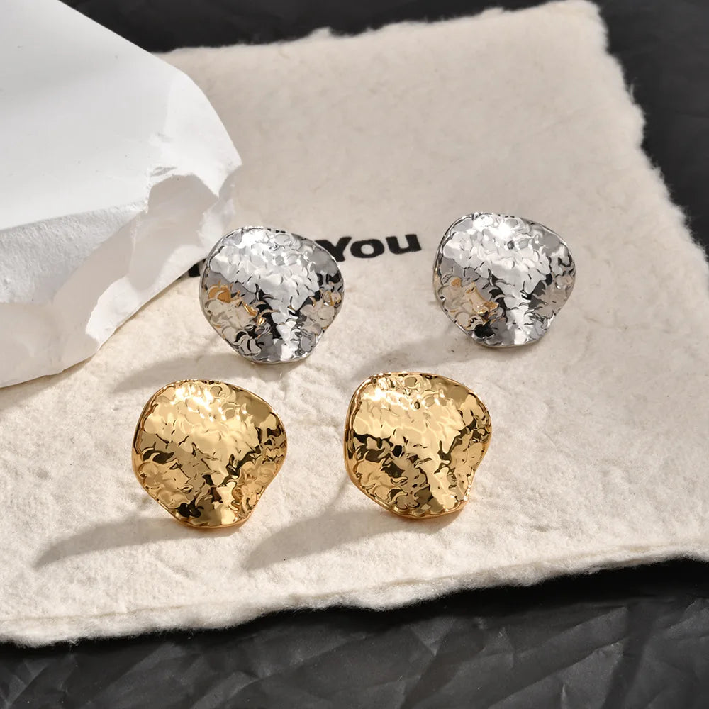 Fashion Copper Stud Earrings Pleated Metal Flashing Texture Earpins Round Square Irregular Earrings Wholesale European American