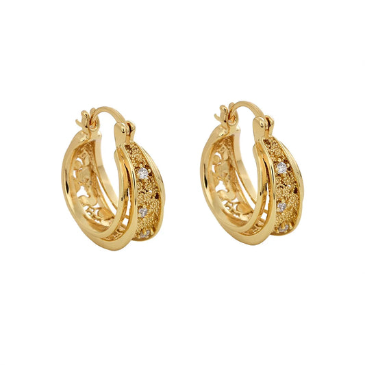 Trendy Coffee Gold Earrings Hollowed-out Circular Zircon Encrusted Ear Clips Fashionable Elegant Light Luxury Earrings Women