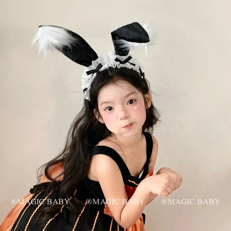 Halloween Bunny Ears Headband for Kids Lace Spooky Cute Rabbit Hairband Children Costume Party Hair Accessories Trick or Treat