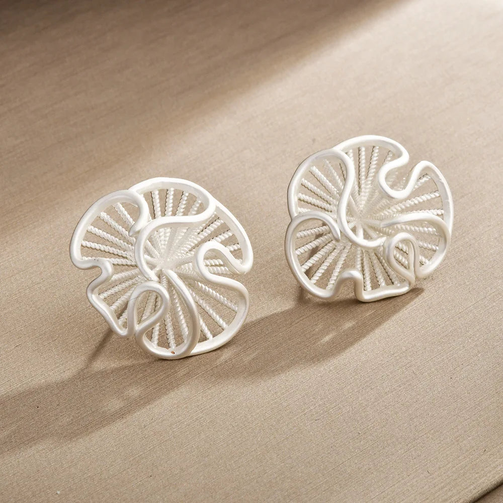 Matte Gold Silver Filigree Hollow Swirl Textured Stud Earrings Elegant Organic Design Statement Unique Jewelry Women Accessories
