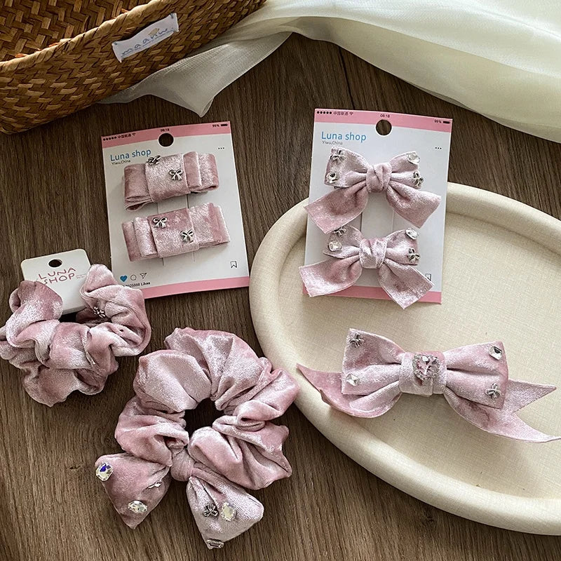 Simple Solid Color Glitter Bowknot Scrunchies for Baby Girls Elegant Velvet Luxurious Hair Ties for Kids Child Hair Accessories