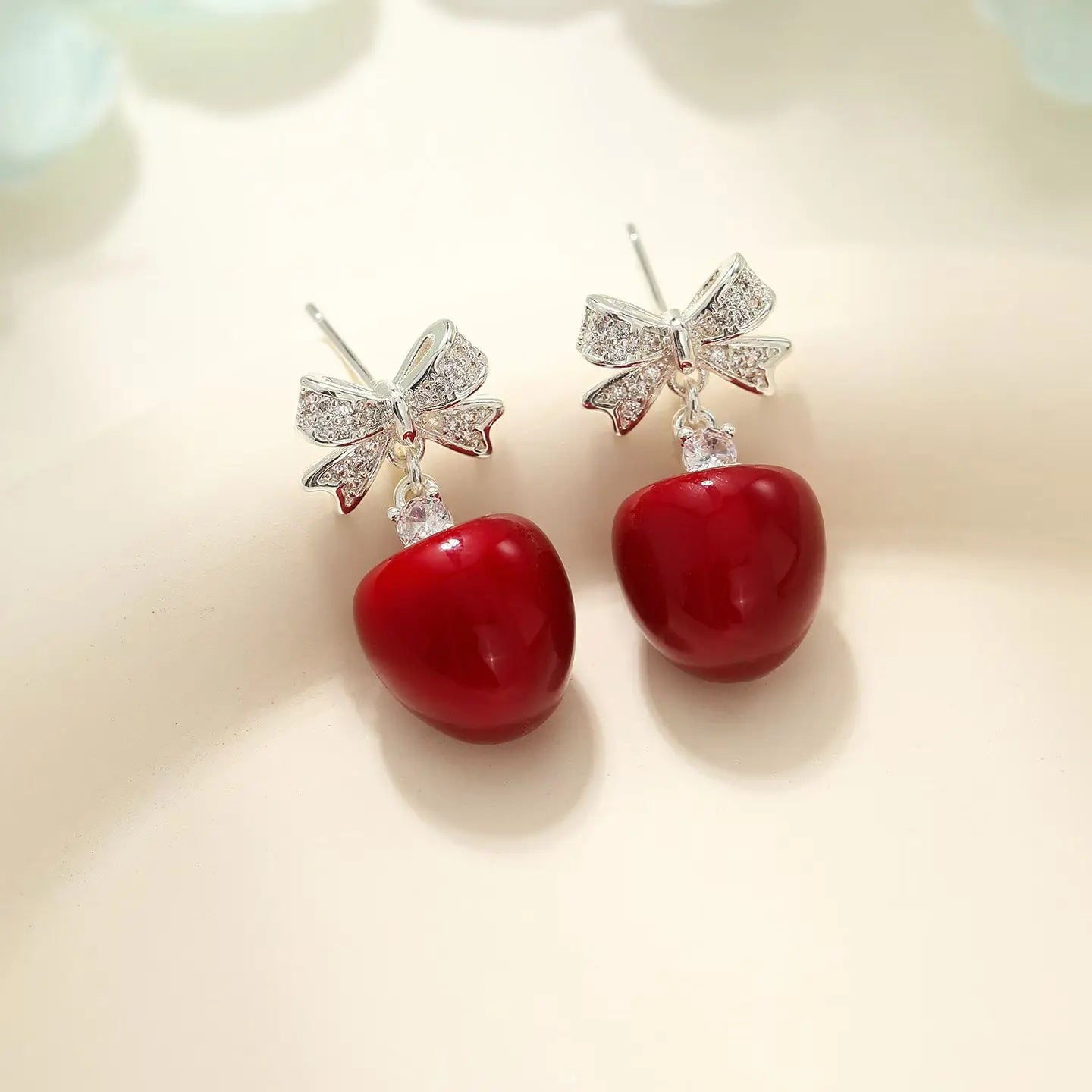 Sweet Red Fruits Cherry Bowknot Drop Earrings for Girls Trendy Stylish Elegant Jewellry for Women Ladies Accessories Wholesale