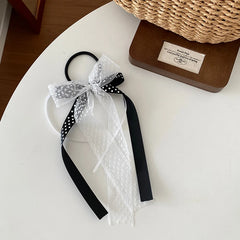 Girls Black White Ribbon Bowknot Small Scrunchies Ponytail Holder Elegant Fashion in Stock Hair Ties for Children Kids Daily Use