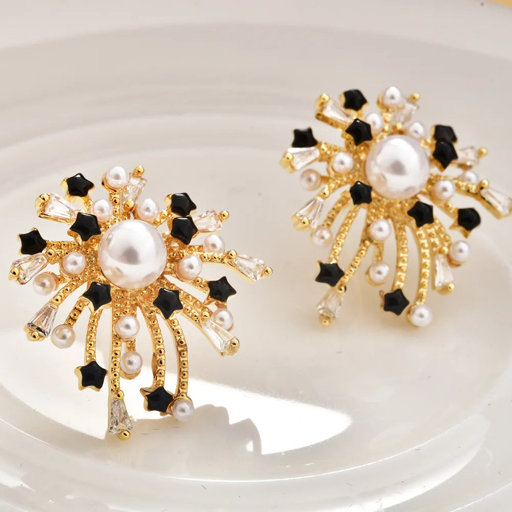 Gold Electroplated Zircon Stud Earrings Engraved Fireworks Imitation Pearl Ear Studs Fashion Exquisite Earring Jewelry for Women