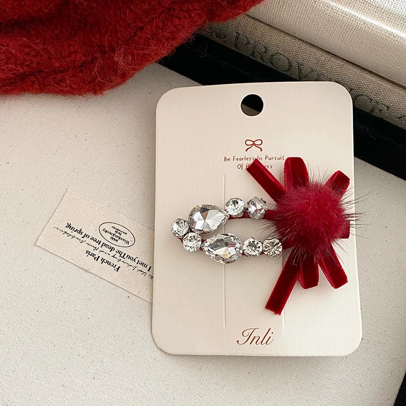 Red Velvet Hair Clip with Crystal Rhinestone and Faux Fur Pom Pom Hair Clips for Women Girls Fashion Hair Accessories Wholesale