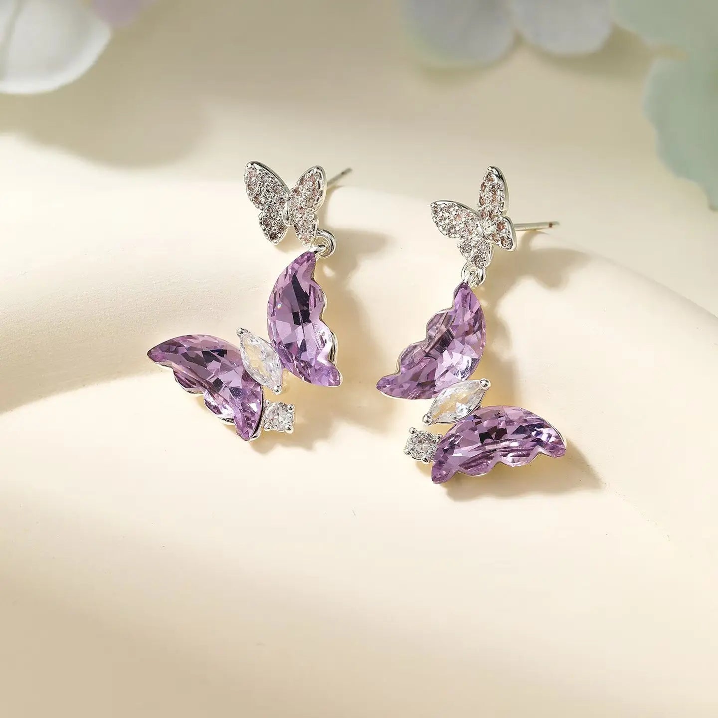Women Purple Butterfly Bell Rhinestone Small Stud Earring Fashion Glitter Bulk Order High Quality Jewelry Accessories for Daily