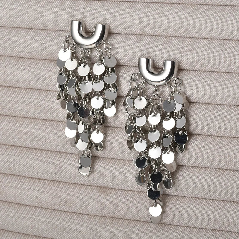 European and American Metal Style Sequined Tassel Stud Earrings  Elegant Statement Fashionable Grunge Ear Accessories Wholesale