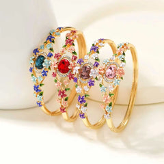 Glitter Rhinestone Flowers Trendy Dainty Luxury Bangles for Girls Elegant Bold Floral Jewelry for Women Ladies Accessories