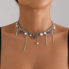 Fashion Sweet Glitter Star Imitation Pearl Link Necklaces for Girls Trendy Glitter Y2K Jewelry for Women Ladies Accessories