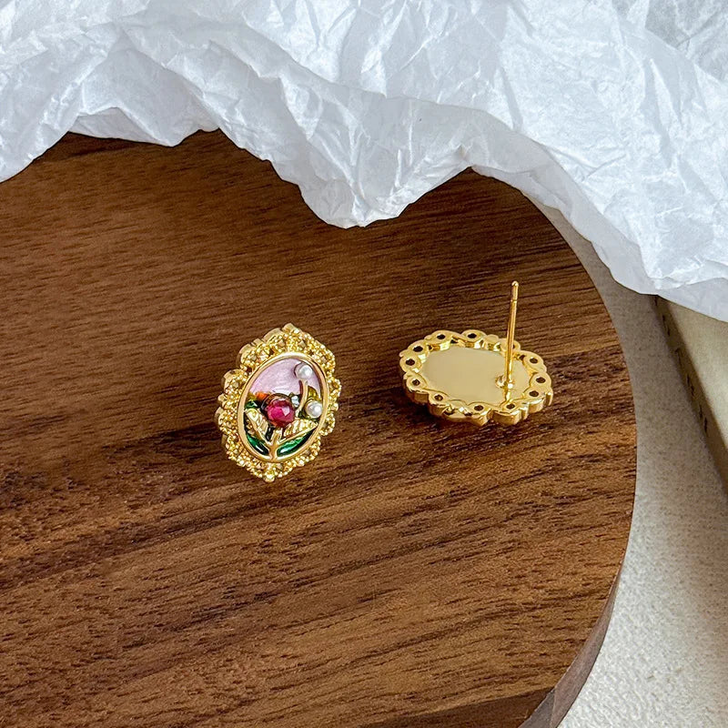 Female Flower 0.2cm Natural Stone Chain bar 18k Gold-plated Drip Glaze Hand-Painted Necklace Earring in Stock Jewelry for Daily