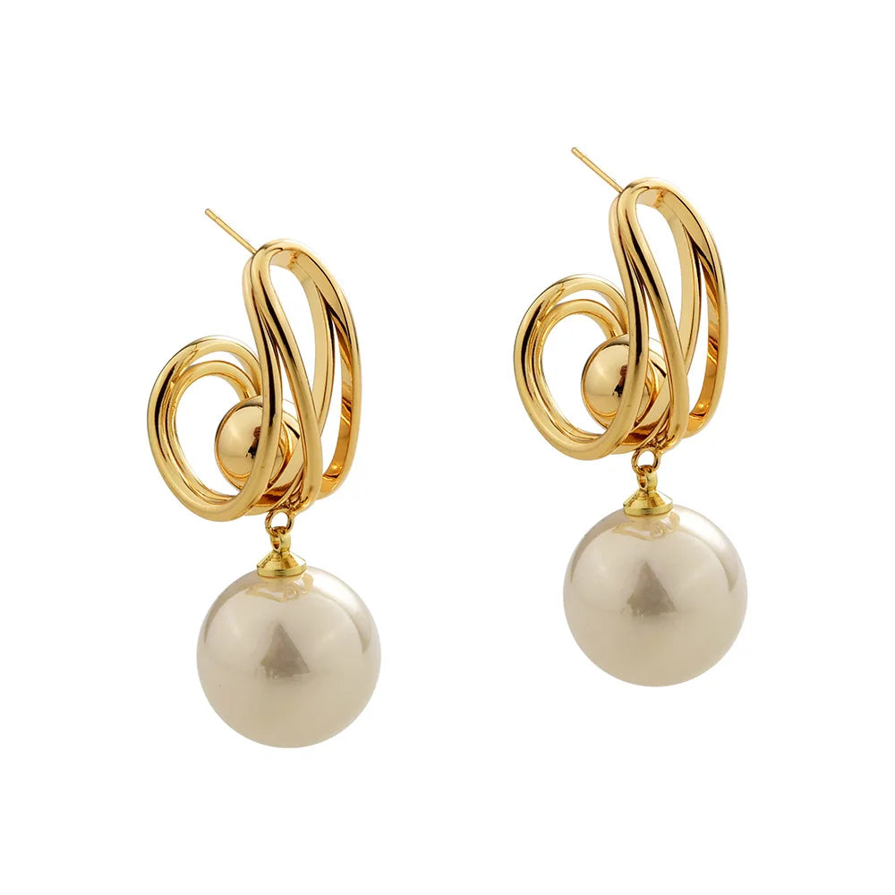 Gold Geometric Pearl Drop Earrings Women's Elegant Large Imitation Pearl Dangle Earrings Fashion Jewelry Accessories Wholesale
