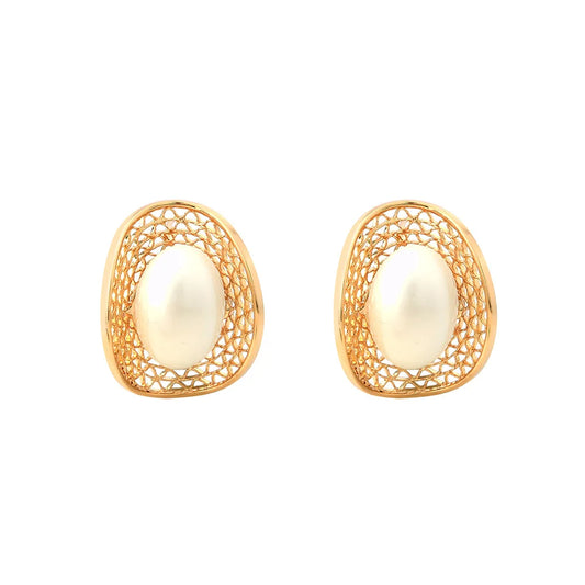 Trendy Retro Court Style Stud Earrings Red Oval Pearl Hollow-out Earrings Fashionable Personality Elegant Women's Ear Jewelry