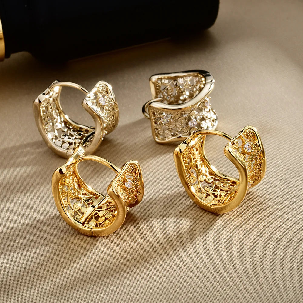European and American Style Ear Buckle Copper Gold-plated Hollowed-out Zircon Hoop Earrings Light Luxury Retro Design Earrings