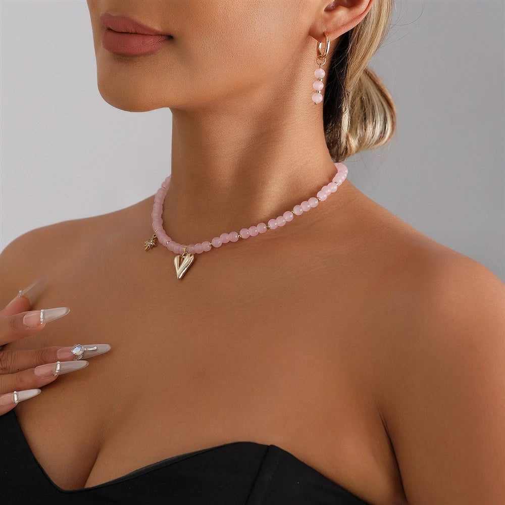 Fashion Sweet Solid Color Pink Beads Necklaces for Girls Sweet Cute Glamorous Charms Jewelry for Women Ladies Accessories