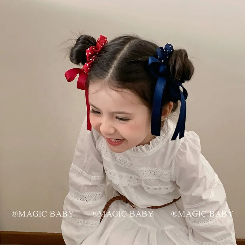 Fashion Polka Dot Ribbon Bowknot Scrunchies for Baby Kids Cute Sweet Hair Ties for Kids Children Hair Accessories in Stock