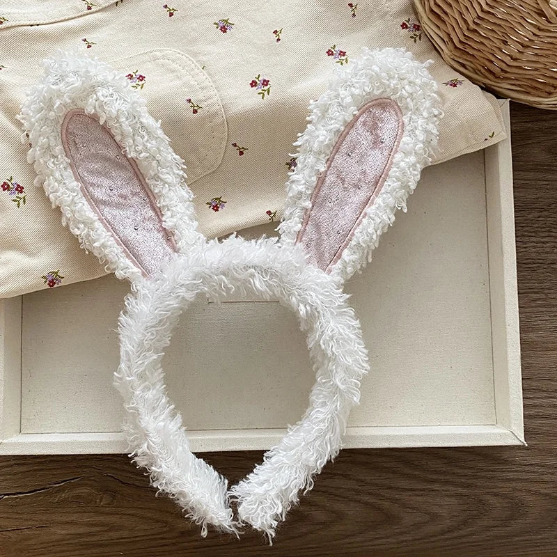Women Pink White Rabbit Ear Large Hairbands Sweet Fashion Chic Fluffy Wholesale in Stock Headbands Accessories for Female Daily