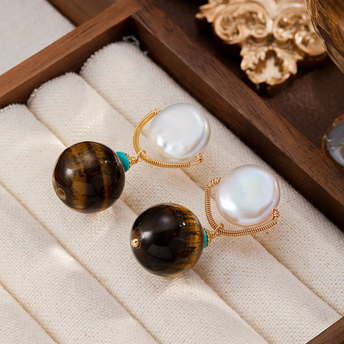 Fashion S925 Silver Baroque Pearl Tiger Eye Stone Turquoise Drop Earrings for Girls Vintage Jewelry for Women Ladies Wholesale