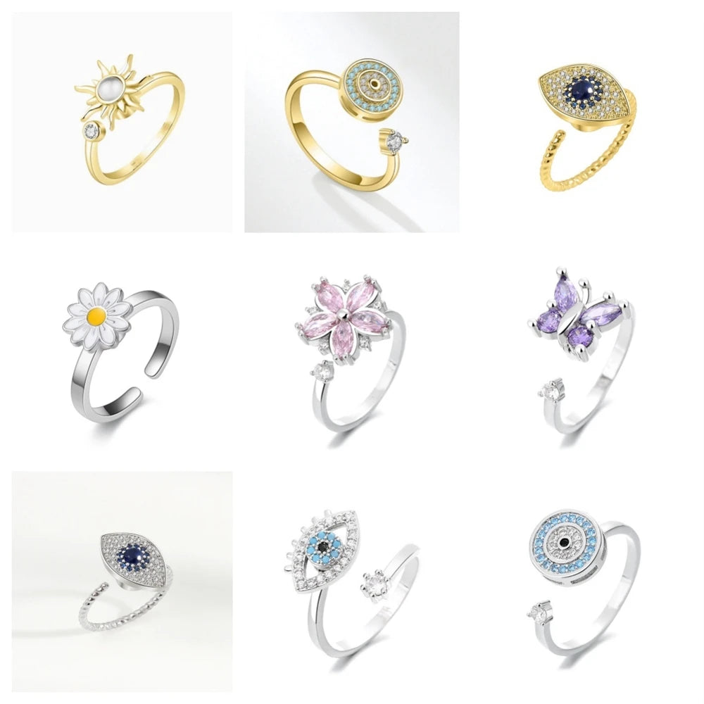 Women Evil's Eye Open Rings Adjustable Flower Rotating Ring with Cubic Zirconia Fashion Elegant Jewelry Gift Accessory Wholesale