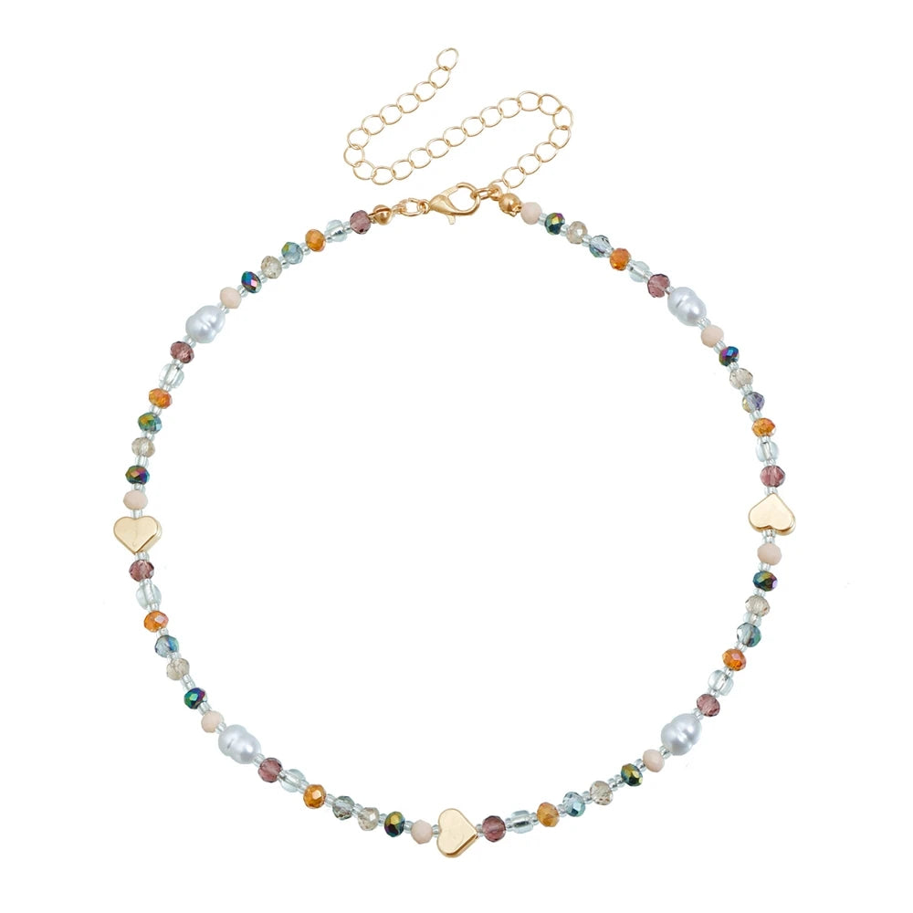 Fashion Colorful Beads Heart Shaped Sweet Cute Necklaces for Girls Trendy Art Deco Jewelry for Women Ladies Accessories Chic