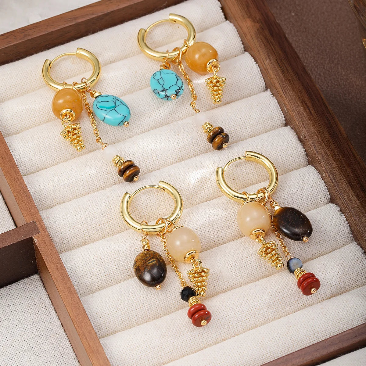 Women Blue Brown Natural Stone 18k Gold-plated Drop Earring Fashion Elegant Factory Price Low MOQ in Stock Jewelry for Female