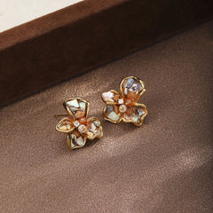Fashion Freshwater Pearl Abalone Shell Red Agate Stud Earrings for Girls Flower Jewelry for Women Ladies Wholesale 18K Gold