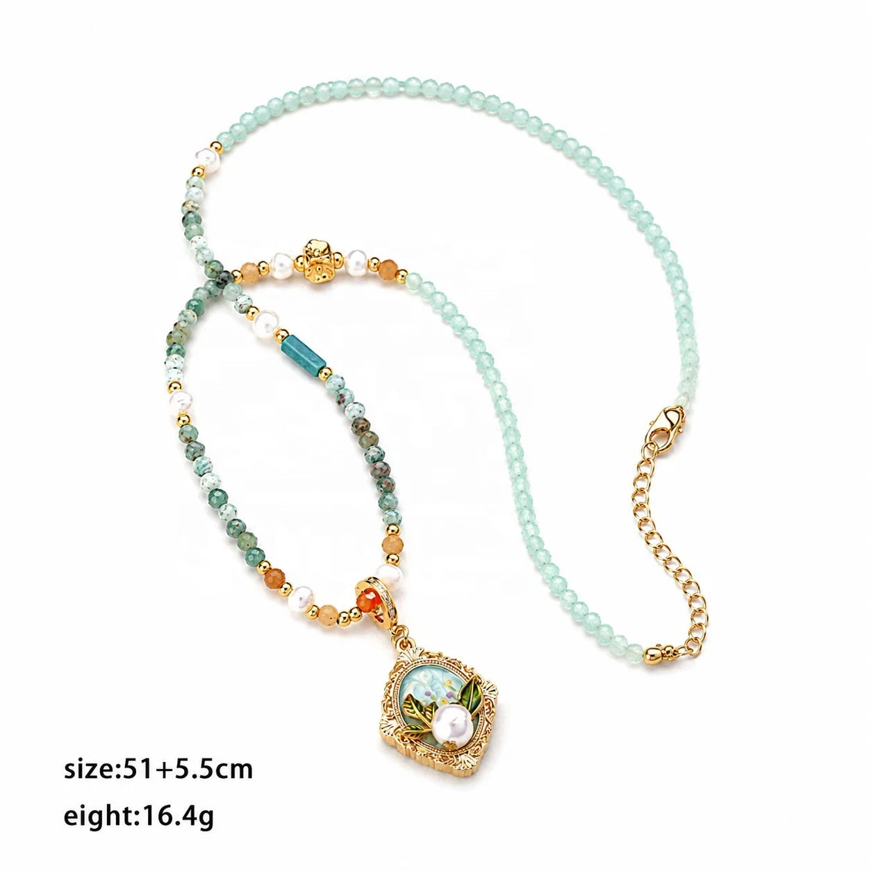 Women Elegant Freshwater Pearl Zircon African Turquoise Jasper Drip Glaze Hand-Painted Necklace Low MOQ Jewelry for Daily Causal