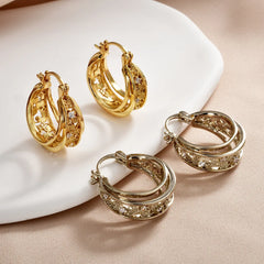 Trendy Coffee Gold Earrings Hollowed-out Circular Zircon Encrusted Ear Clips Fashionable Elegant Light Luxury Earrings Women
