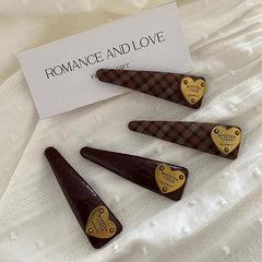 Female Brown Plaid Golden Heart Letter Snap Clips Fashion Elegant Simple Bulk Order in Stock Hairpins Accessory for Women Daily