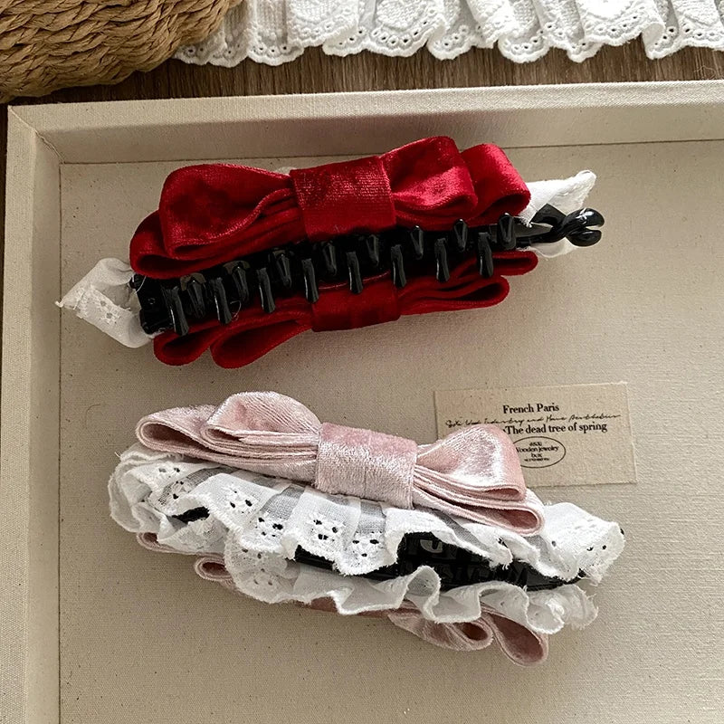 Fashion Bowknot Lace Velvet Durable Hair Clips for Girls Trendy Stylish Banana Clips for Women Ladies Hair Accessories Chic