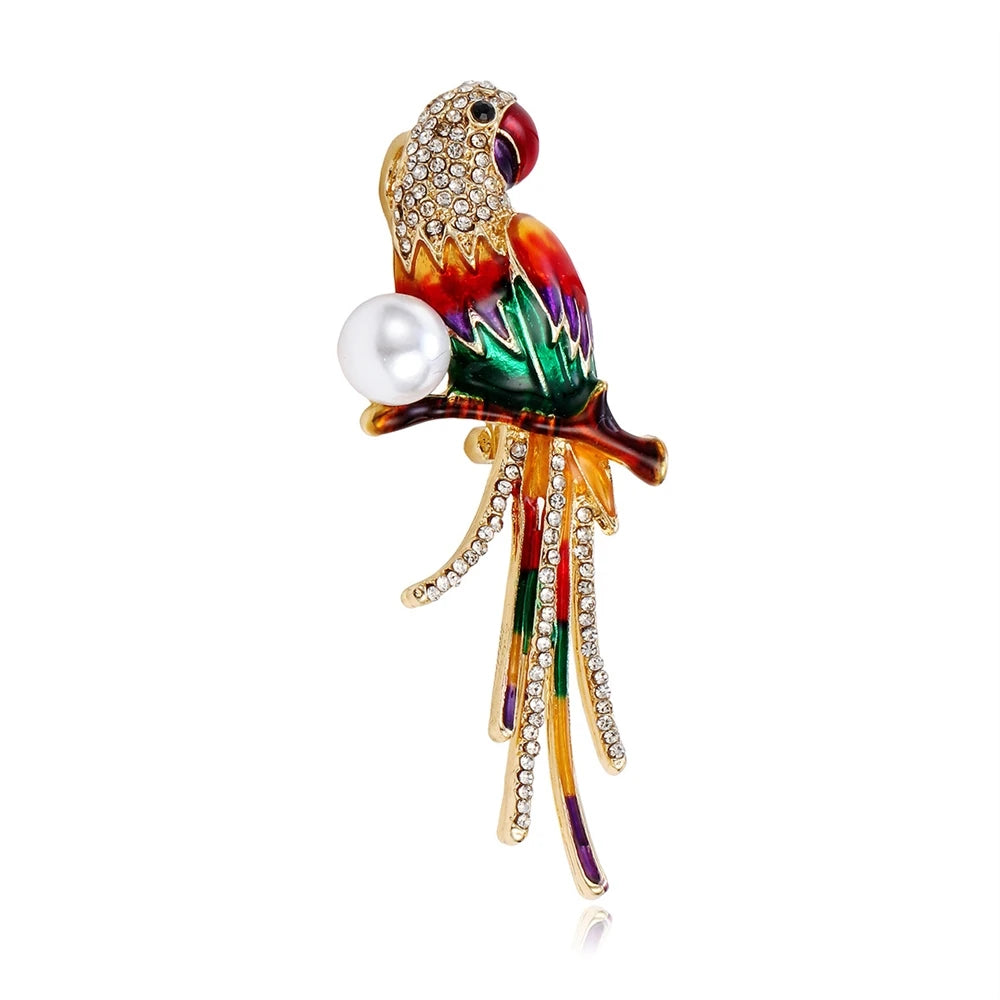 Fashionable Trendy Glitter Rhinestone Imitation Pearl Birds Brooches for Girls Parrot Pins Jewelry for Women Ladies Accessories