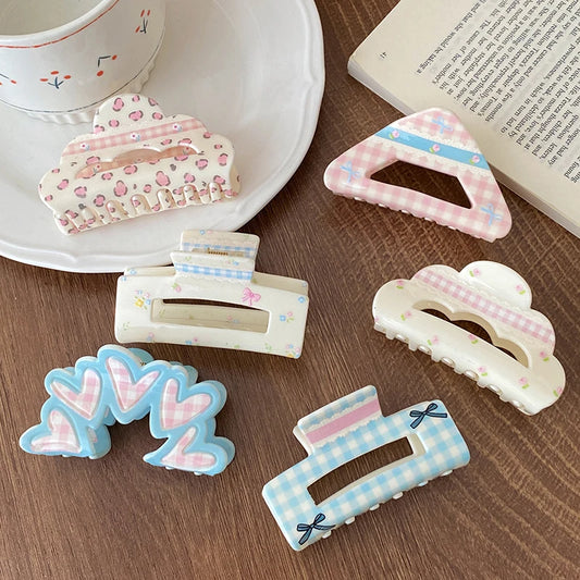 Brand New Sweet Cute Hair Claw Clips for Girls Heart Shaped Plaid Bowknot Hair Accessories for Women Ladies Fashion Stylish