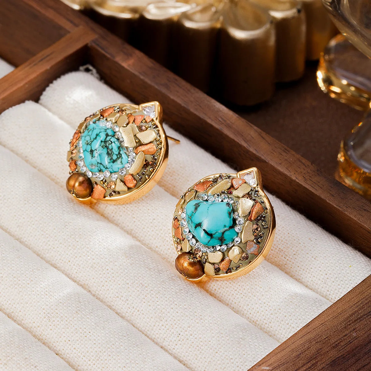 Fashion Turquoise Freshwater Pearl S925 Silver Copper 18K Gold Plated Stud Earrings for Girls Vintage Jewelry for Women Ladies